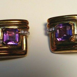 Vintage D. Beretti 14K Yellow Gold Amethyst Diamond OTC Earrings (R284)